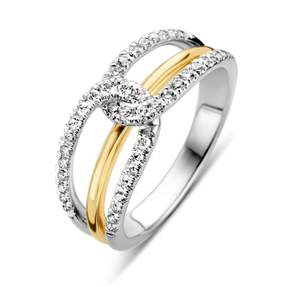 Bicolor damesring van wit- en geelgoud met briljant, 0.37 crt, met een elegante dubbele band en een centrale briljant.