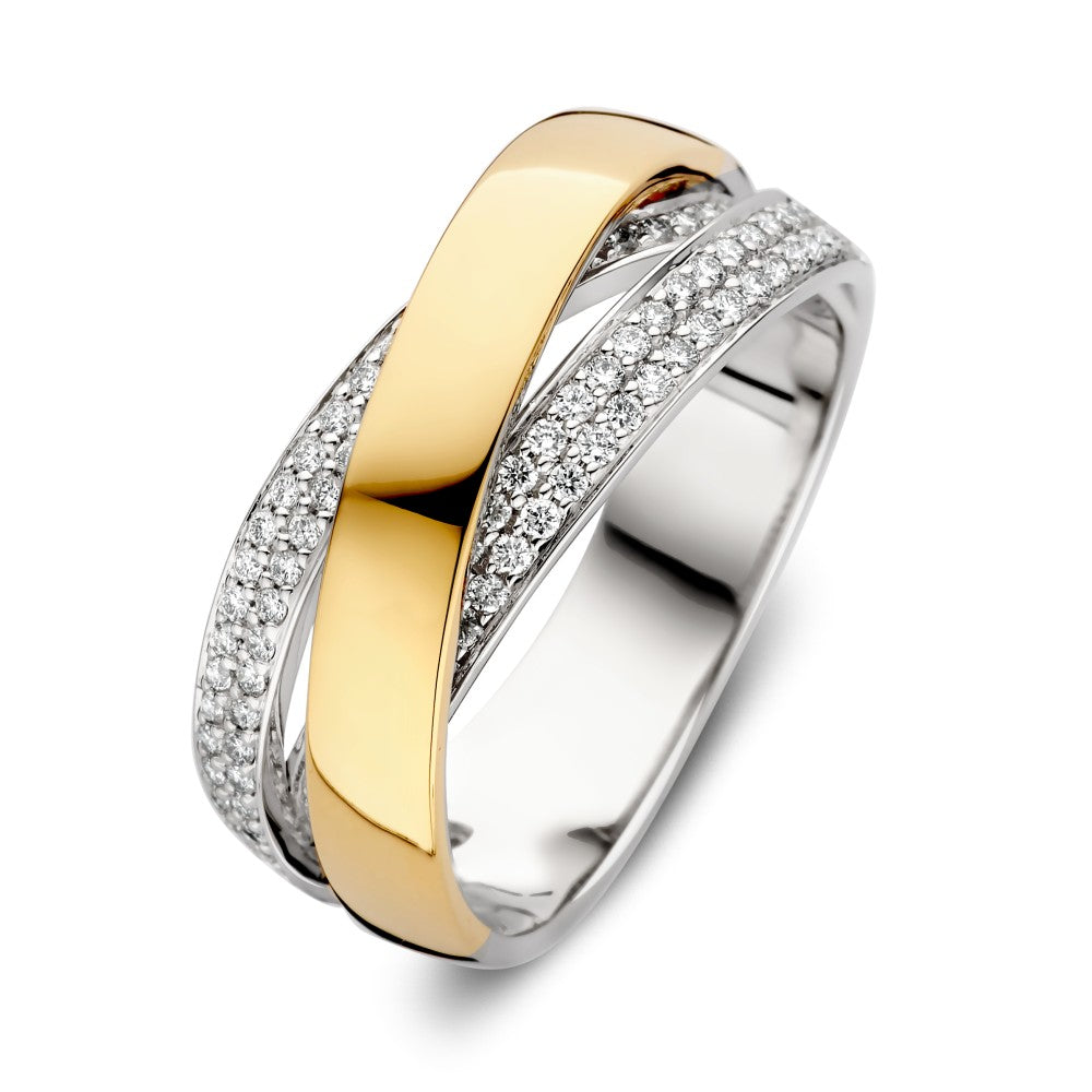 Bicolor crossover ring van zilver en goud met 0.37ct briljant geslepen diamanten.