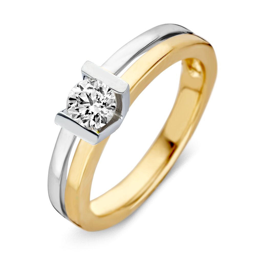 Bicolor gouden ring met een briljant geslepen diamant van 0.41 ct, 14 karaat, met een moderne afwerking.