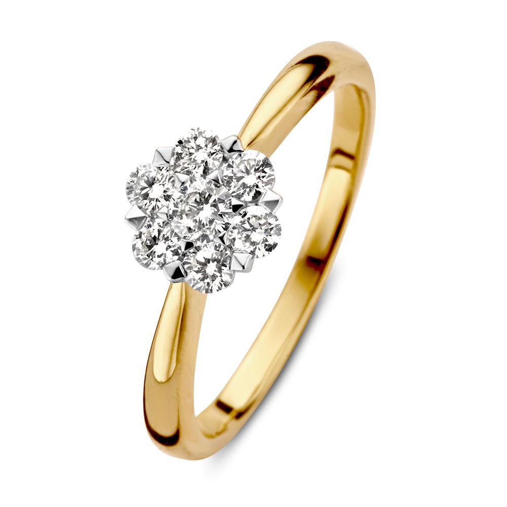 Bicolor gouden entourage ring met een bloemvormige diamantsetting, bezet met meerdere sprankelende diamanten.