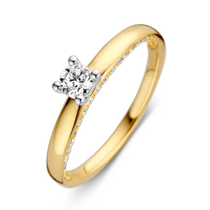 Bicolor Wit- en Geelgouden Damesring met Diamant (0.44 ct) – 14 Karaat Goud, Middensteen 0.25 ct