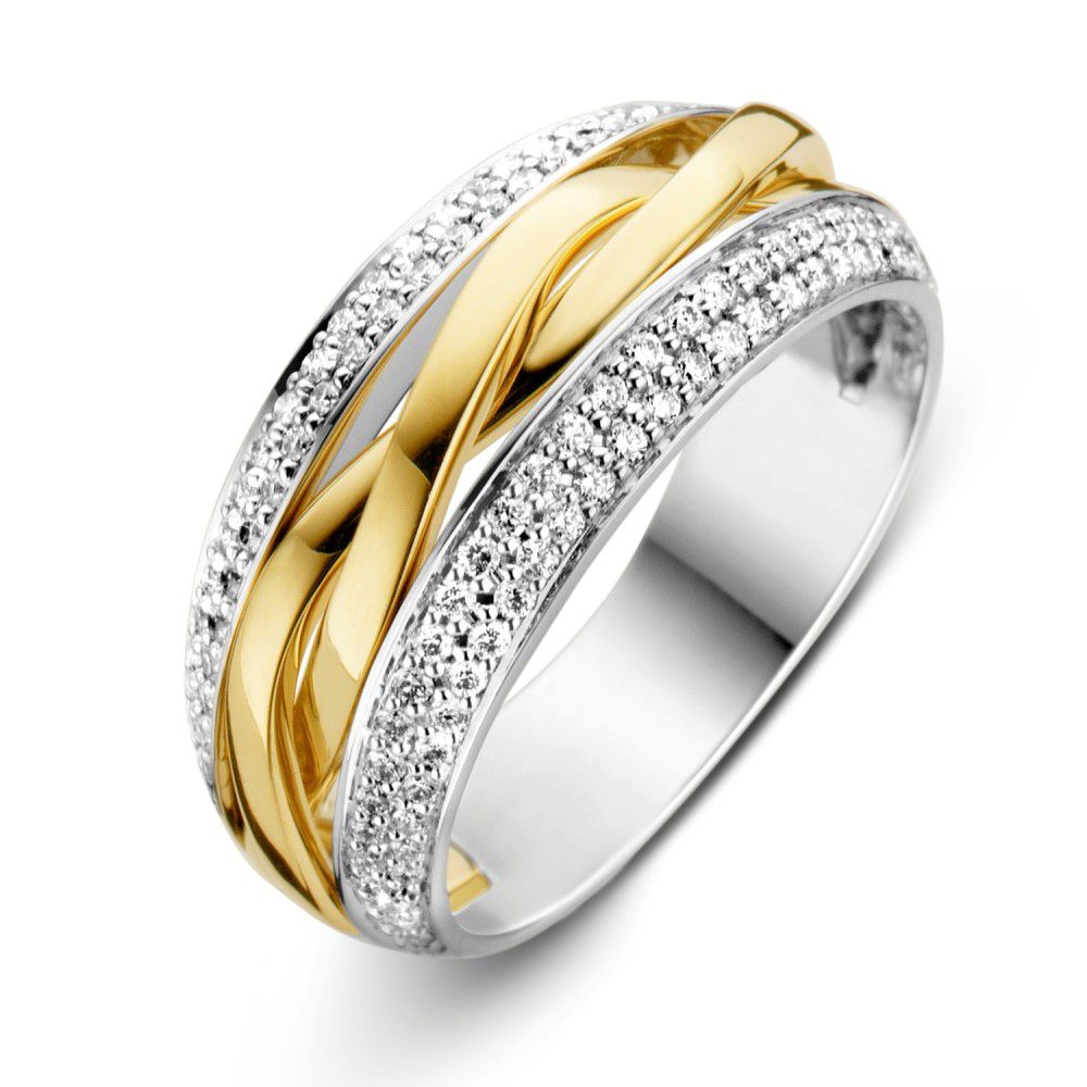 Bicolor damesring van geel- en witgoud met een glanzende afwerking en diamanten van 0.45 crt.