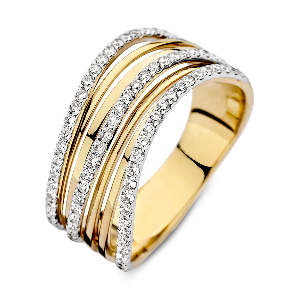Geel-witgouden ring met meerdere strengen, bezet met diamanten aan de buitenzijde, 14 karaat.