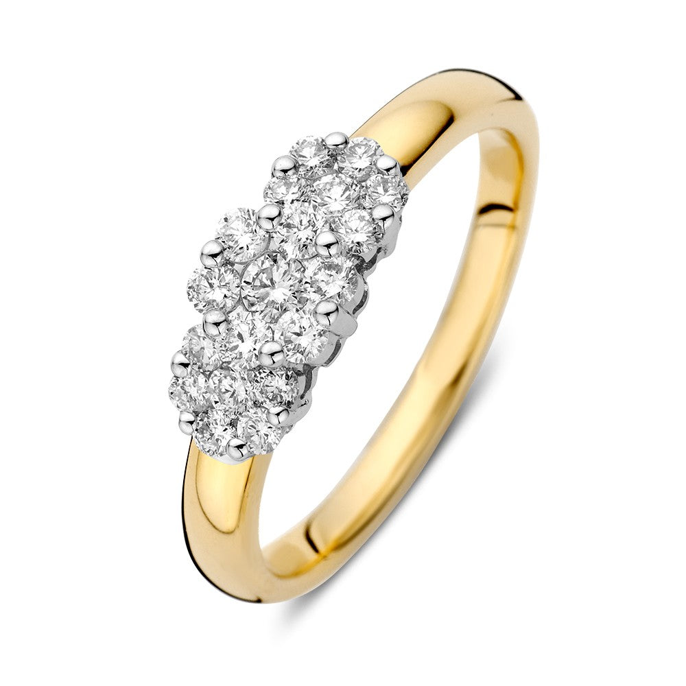 Bicolor ring van geel en wit goud met een briljantzetting van 0.52 crt in een bloemvorm.