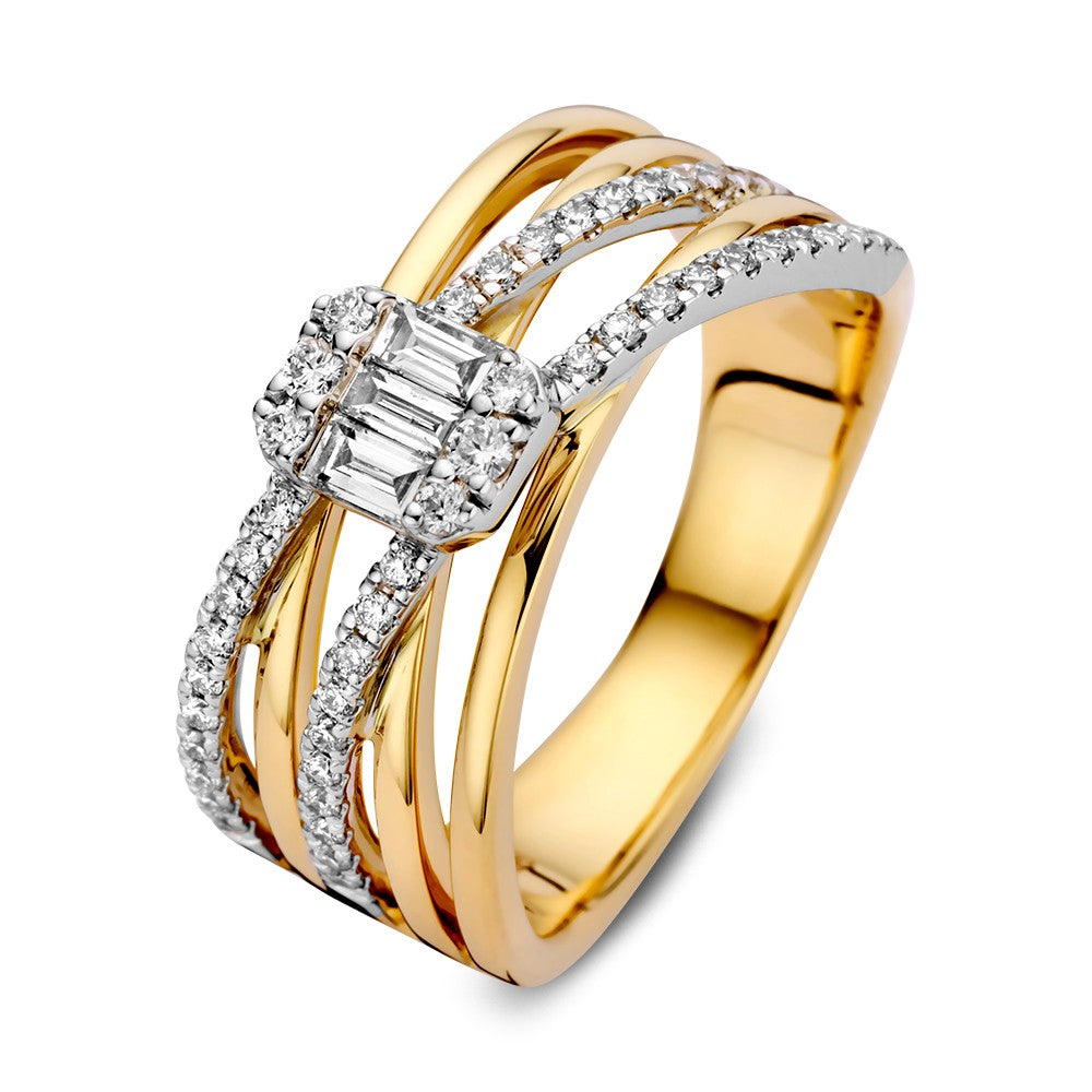 Luxe crossover ring van 14k geel- en witgoud met 0,53 ct baguette- en briljantdiamanten.