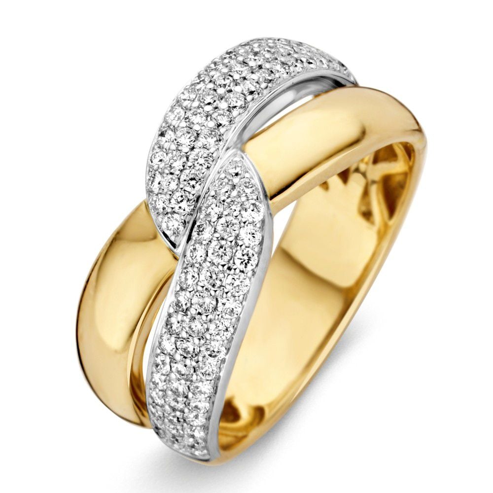 Bicolor geel- en witgouden ring met een glanzende afwerking en een rij van briljant geslepen diamanten.
