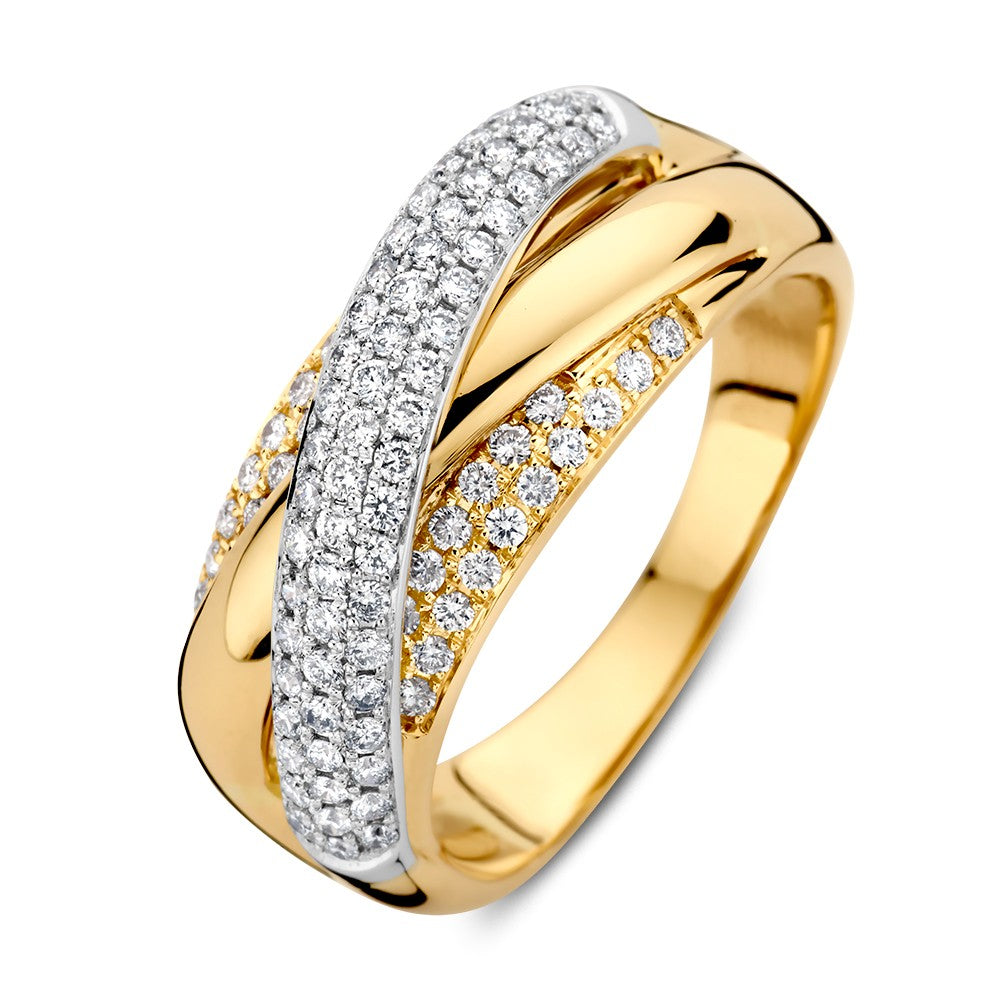 Bicolor wit- en geelgouden crossover ring met pavé diamanten, glanzende afwerking en een elegant ontwerp.