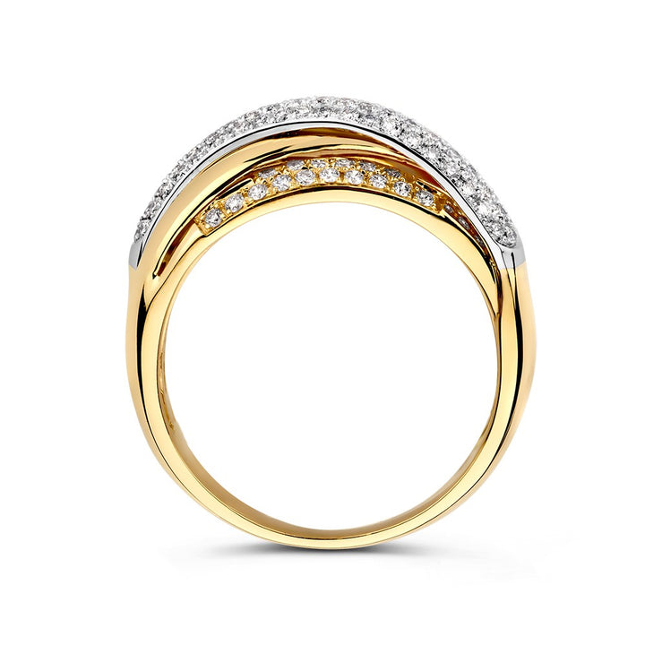 Schitterende Bicolor Wit- en Geelgouden Crossover Ring met Pavé Diamanten