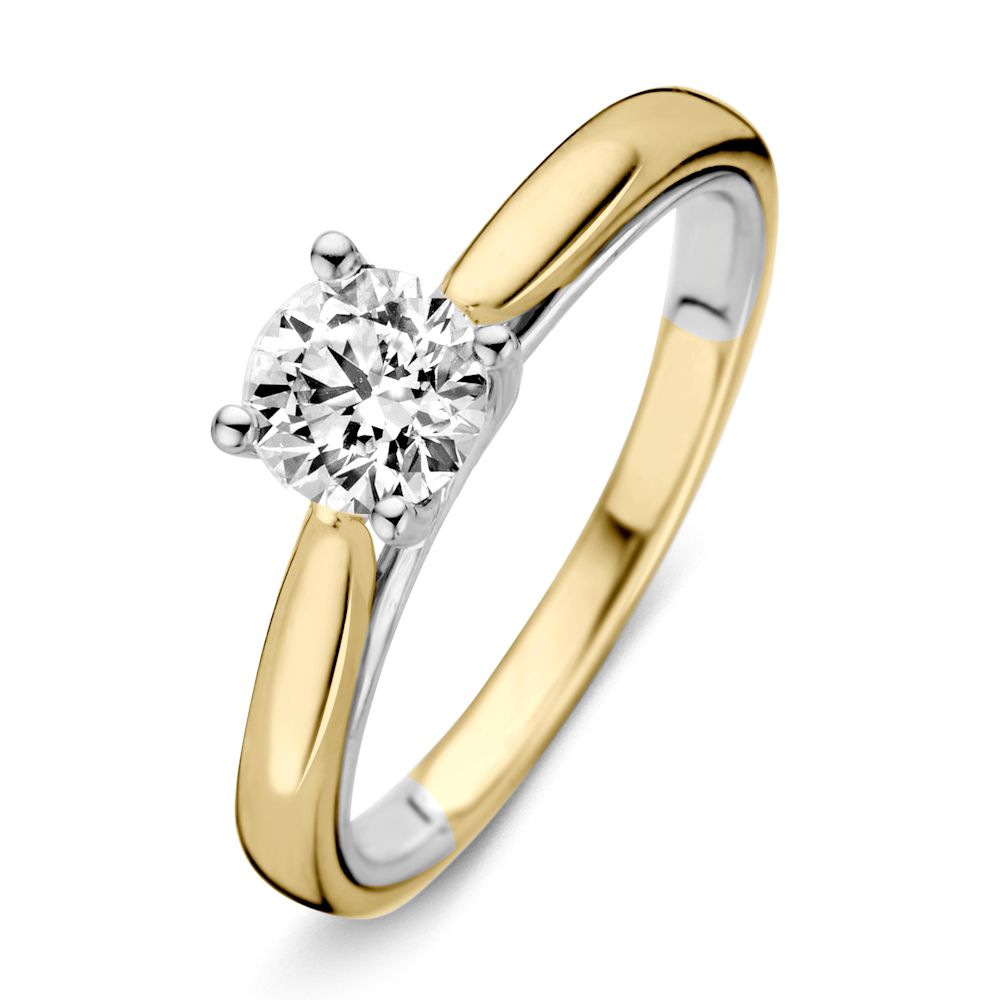 De Excellent Jewelry Bicolor geel- en witgouden ring met briljant geslepen diamant 0.74ct H/SI-1 (14 karaat) is een opvallend verlovingsstuk, een combinatie van geel- en witgoud met een briljant geslepen diamant in een klassieke zetting.