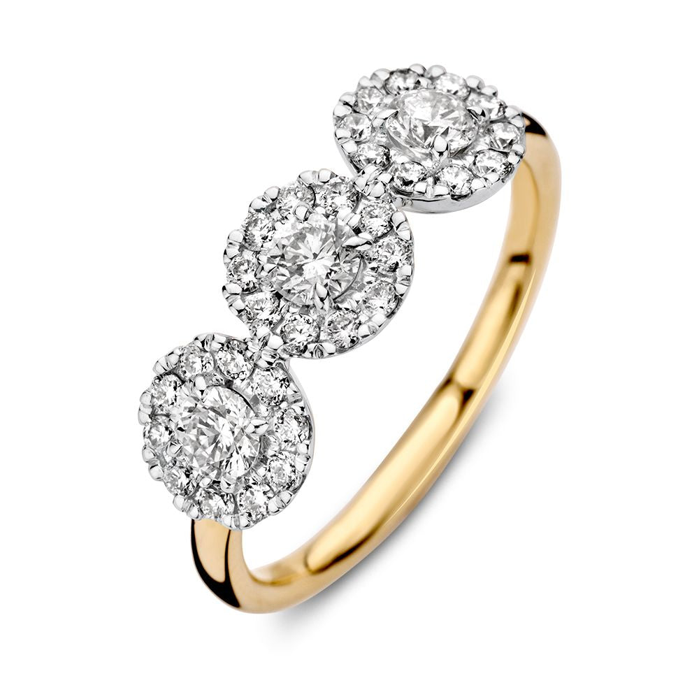 Bicolor gouden driesteensring met drie ronde diamanten in een pavézetting, 14 karaat.