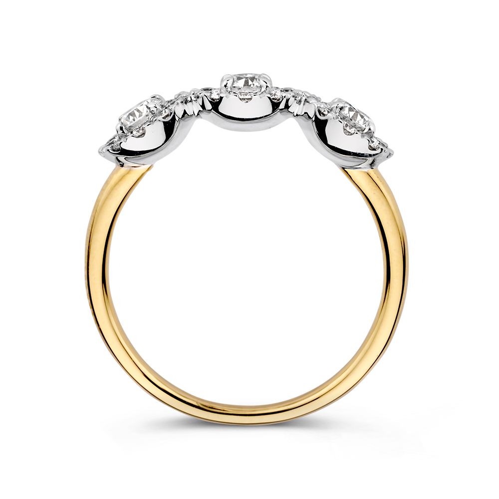 Bicolor gouden driesteensring met diamanten 0.81ct H/SI-1 14 karaat