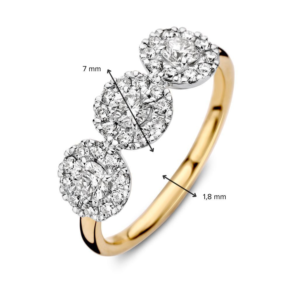 Bicolor gouden driesteensring met diamanten 0.81ct H/SI-1 14 karaat