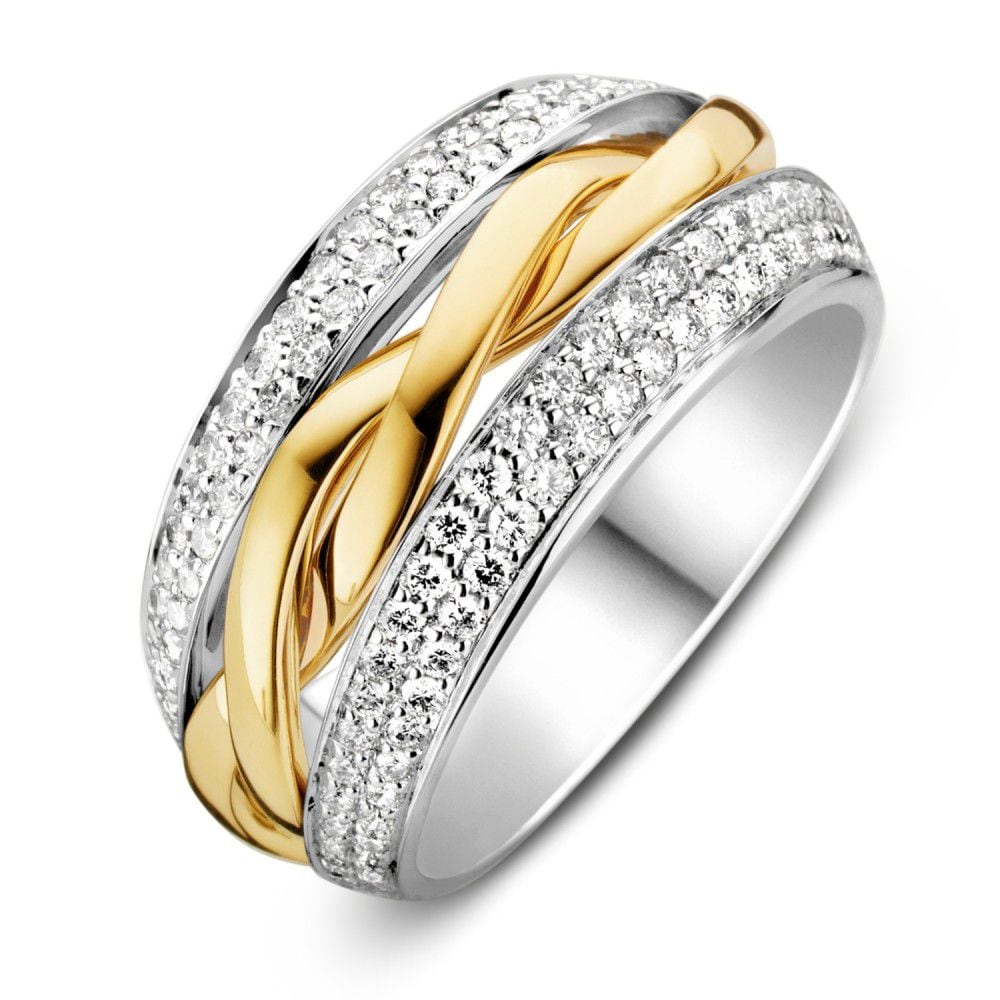 Bicolor gouden ring van 14 karaat met een vlecht van geelgoud en een band van witgoud bezet met briljant diamanten.