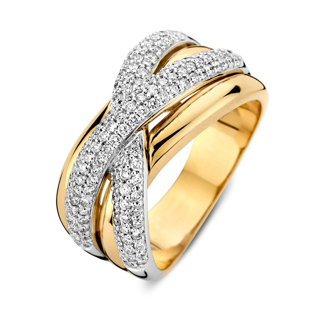 Bicolor ring van wit- en geelgoud met diamanten in speelse crossover banen.