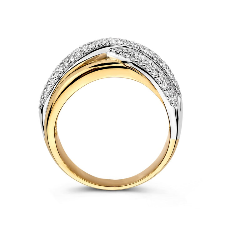 Bicolor Wit- en Geelgouden Ring met Diamanten in Speelse Crossover Banen