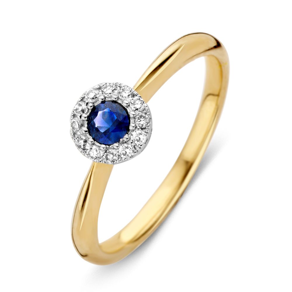 Gouden damesring met een centrale blauwe saffier omringd door diamanten in een ronde zetting.