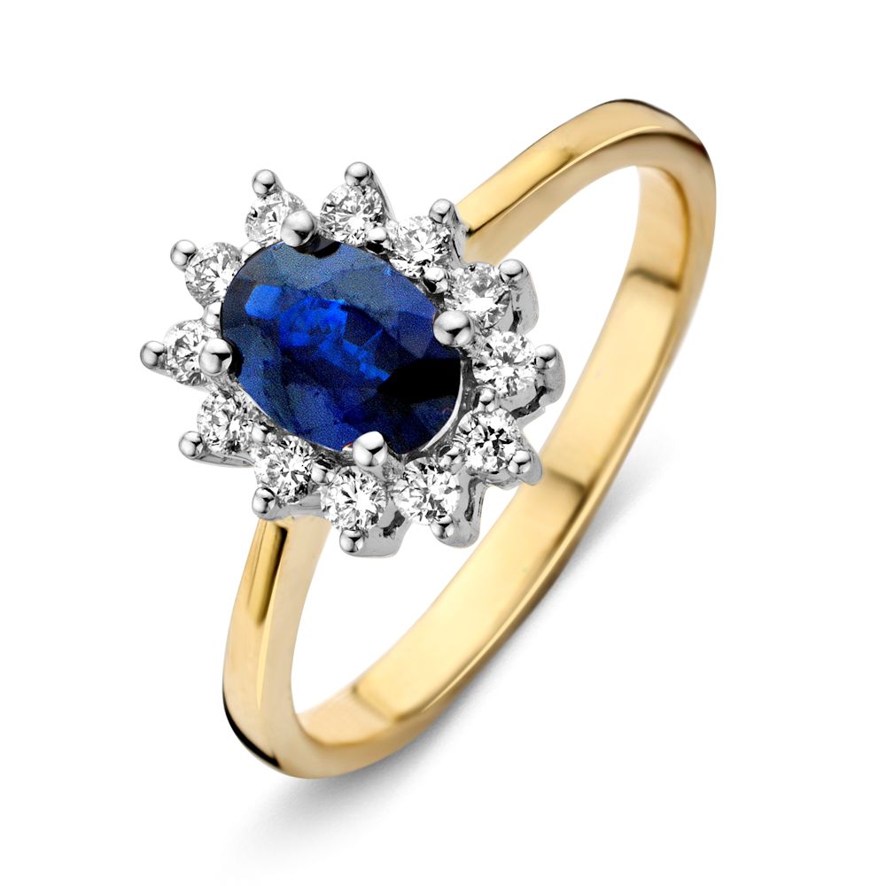 Gouden ring met een ovale blauwe saffier omringd door diamanten in een stervormig ontwerp.