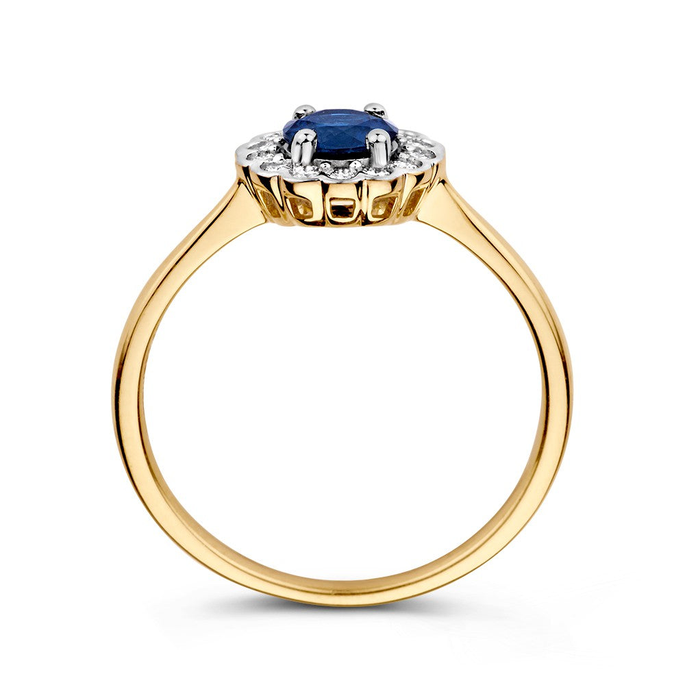 Klassieke Gouden Entourage Ring met Ronde Blauwe Saffier en 0.18ct Diamanten