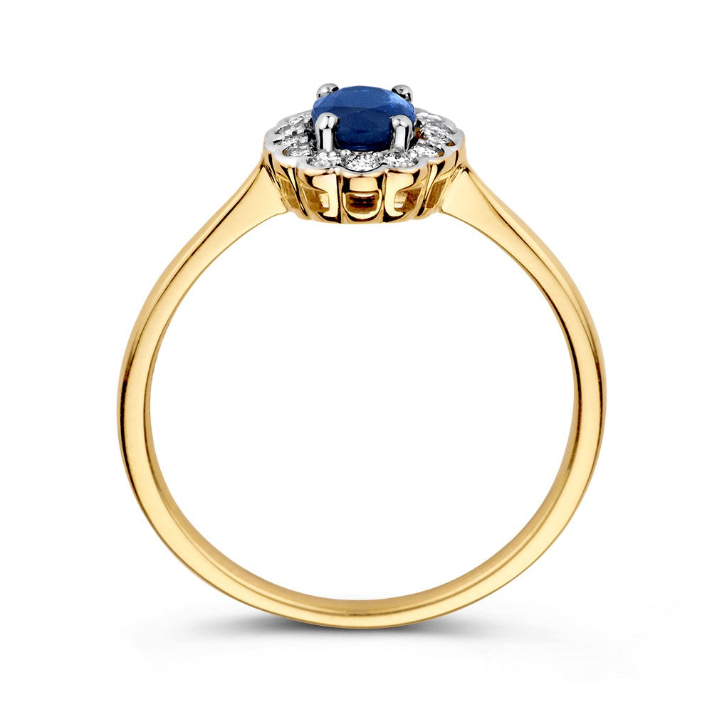 Klassieke Gouden Entourage Ring met Blauwe Ovale Saffier en 0.18ct Diamanten