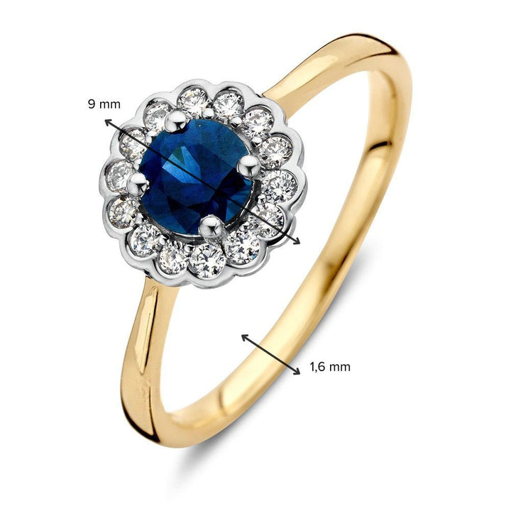 Klassieke Gouden Entourage Ring met Ronde Blauwe Saffier en 0.18ct Diamanten