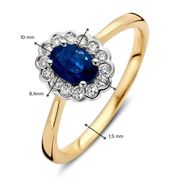 Klassieke Gouden Entourage Ring met Blauwe Ovale Saffier en 0.18ct Diamanten