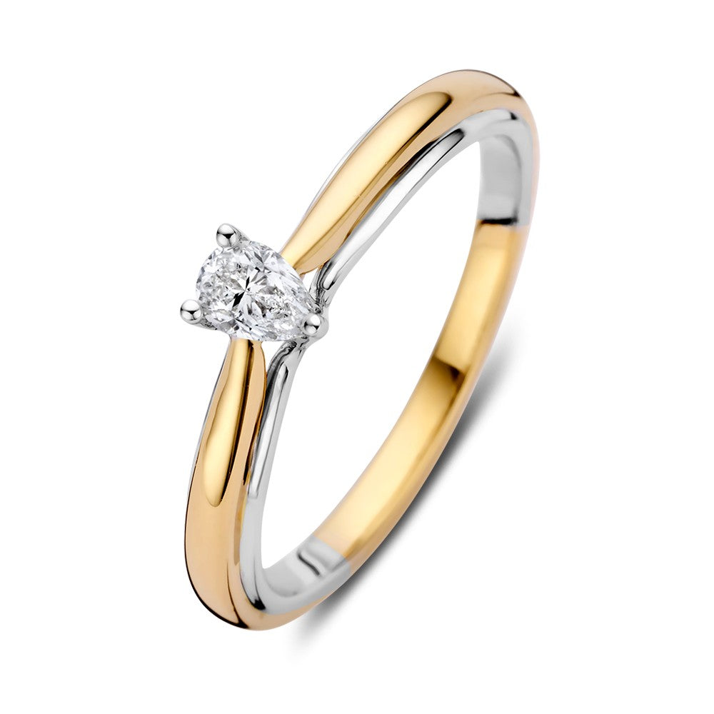 Bicolor gouden solitair ring met peervormige diamant van 0,23 ct en een glanzende afwerking.