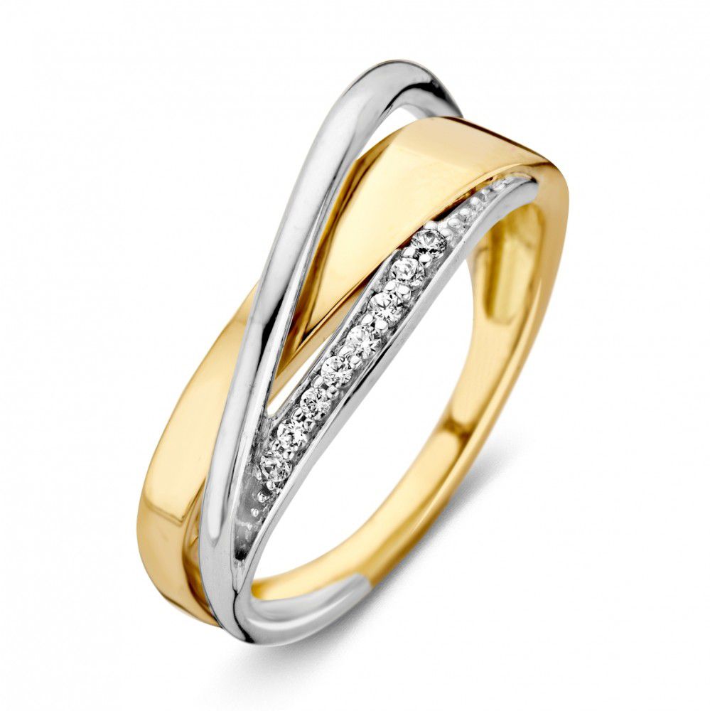 Bicolor gouden damesring van 14 karaat met een glanzende afwerking en witte zirkonia in een 7.9mm brede band.