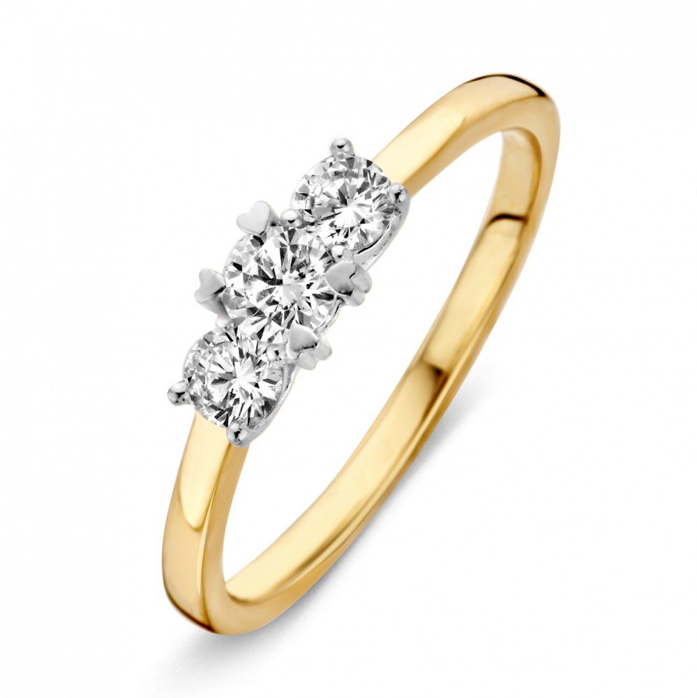 Bicolor gouden damesring van 14 karaat met drie witte zirkonia's van 4,6 mm in een strakke zetting.