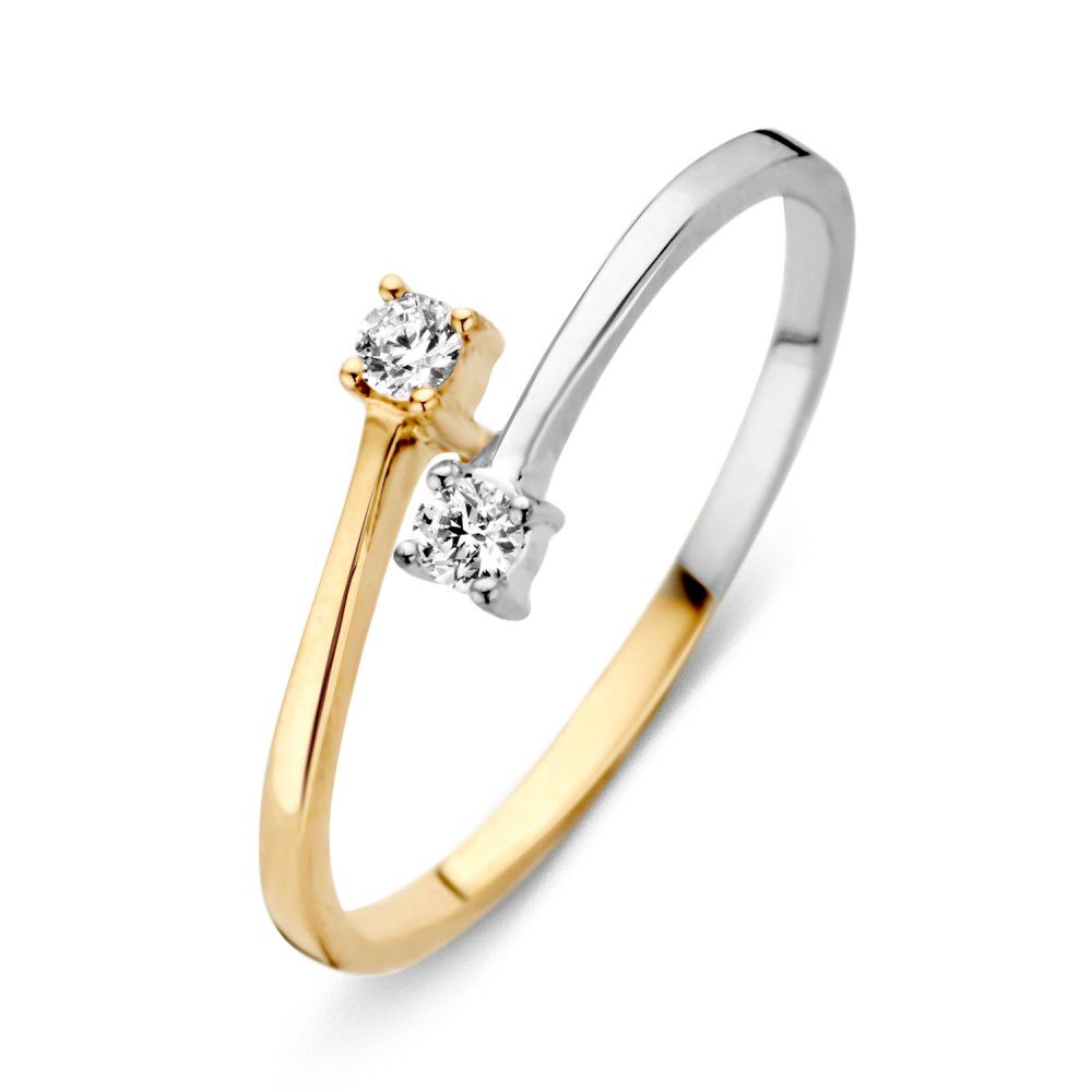 Bicolor gouden ring van 14 karaat met twee witte zirkonia, een in geelgoud en een in witgoud.