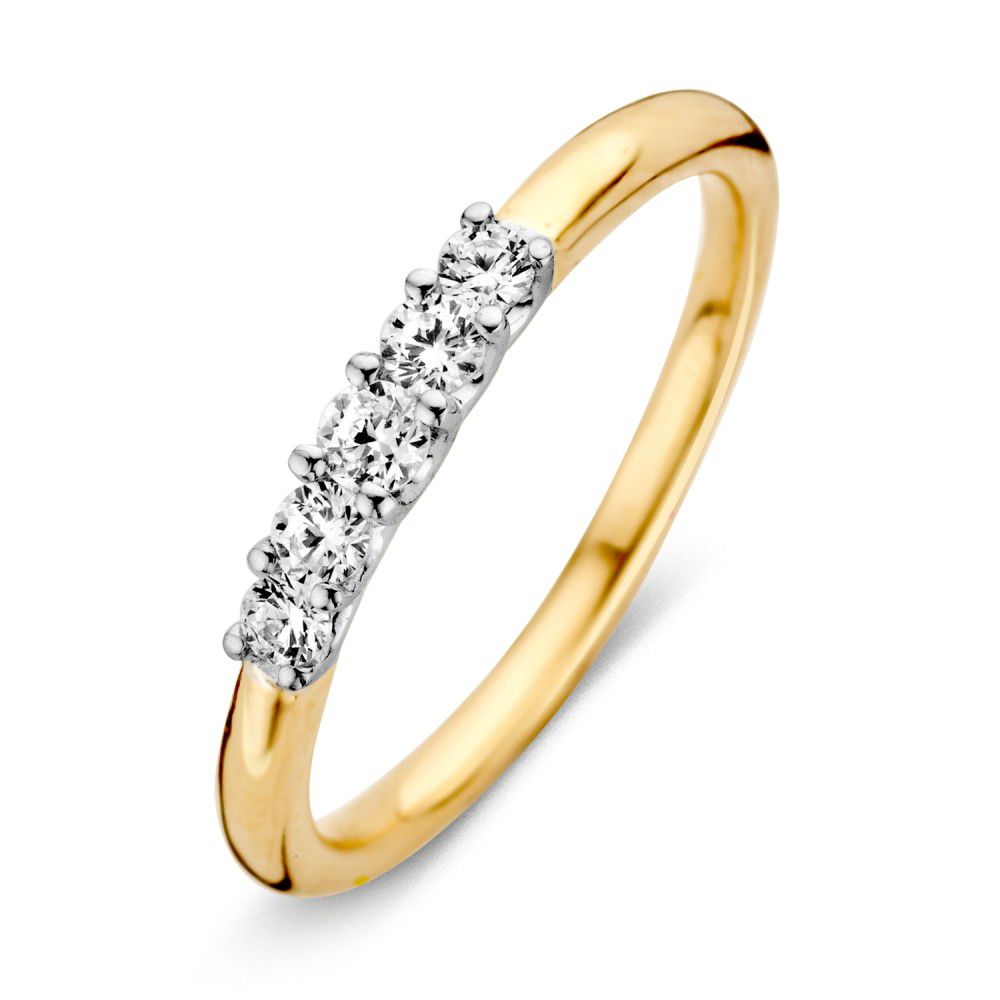 Bicolor gouden damesring van 14 karaat met vijf witte zirkonia van 3 mm in een rechte zetting.