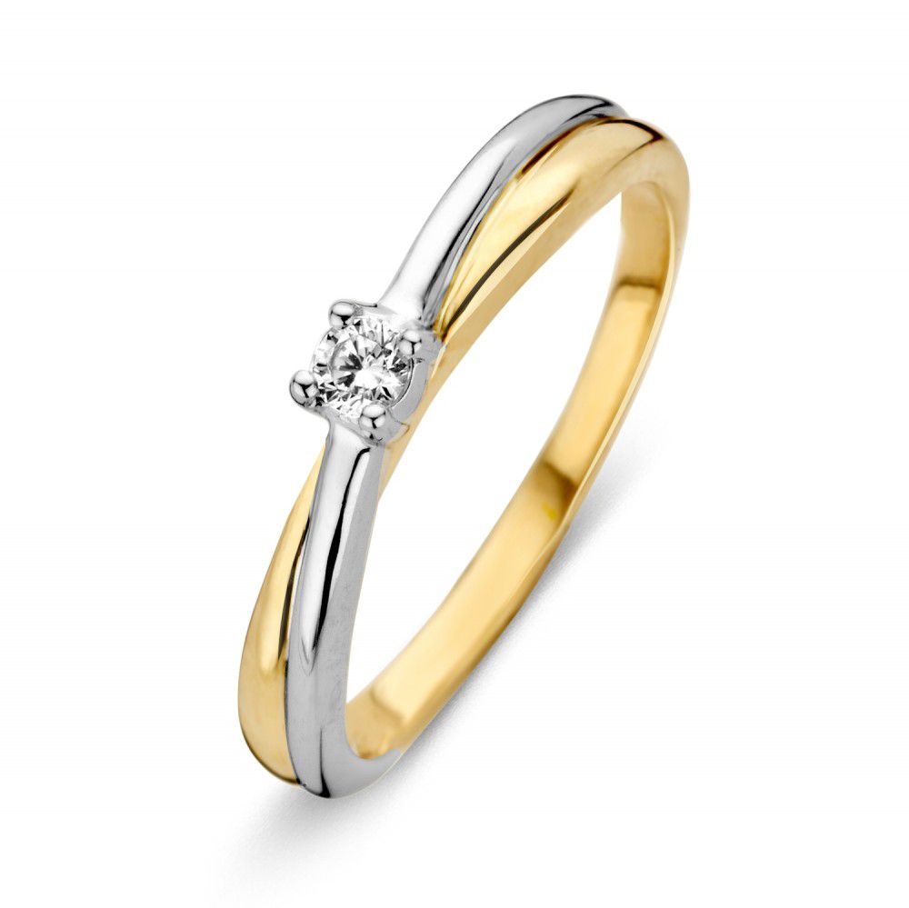 Bicolor gouden ring van 14 karaat met een witte zirkonia, 3.3 mm breed, met een glanzende afwerking.