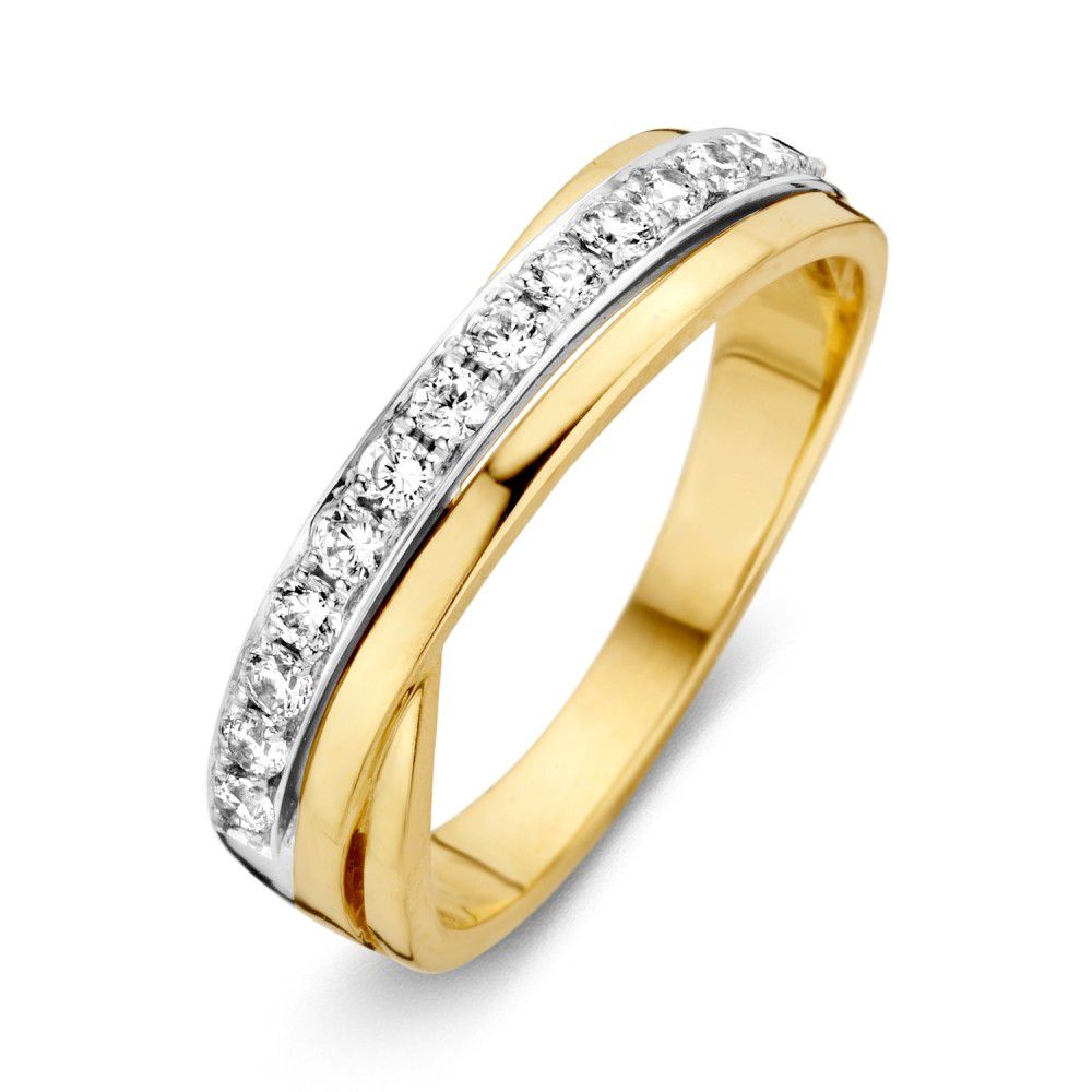 Bicolor gouden damesring van 14 karaat met een rij witte zirkonia van 5,5 mm.