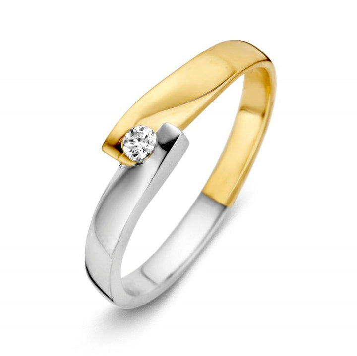 Elegante Bicolor Damesring met Zirkonia – 14 Karaat Geel/Wit Goud, 2,7 Gram