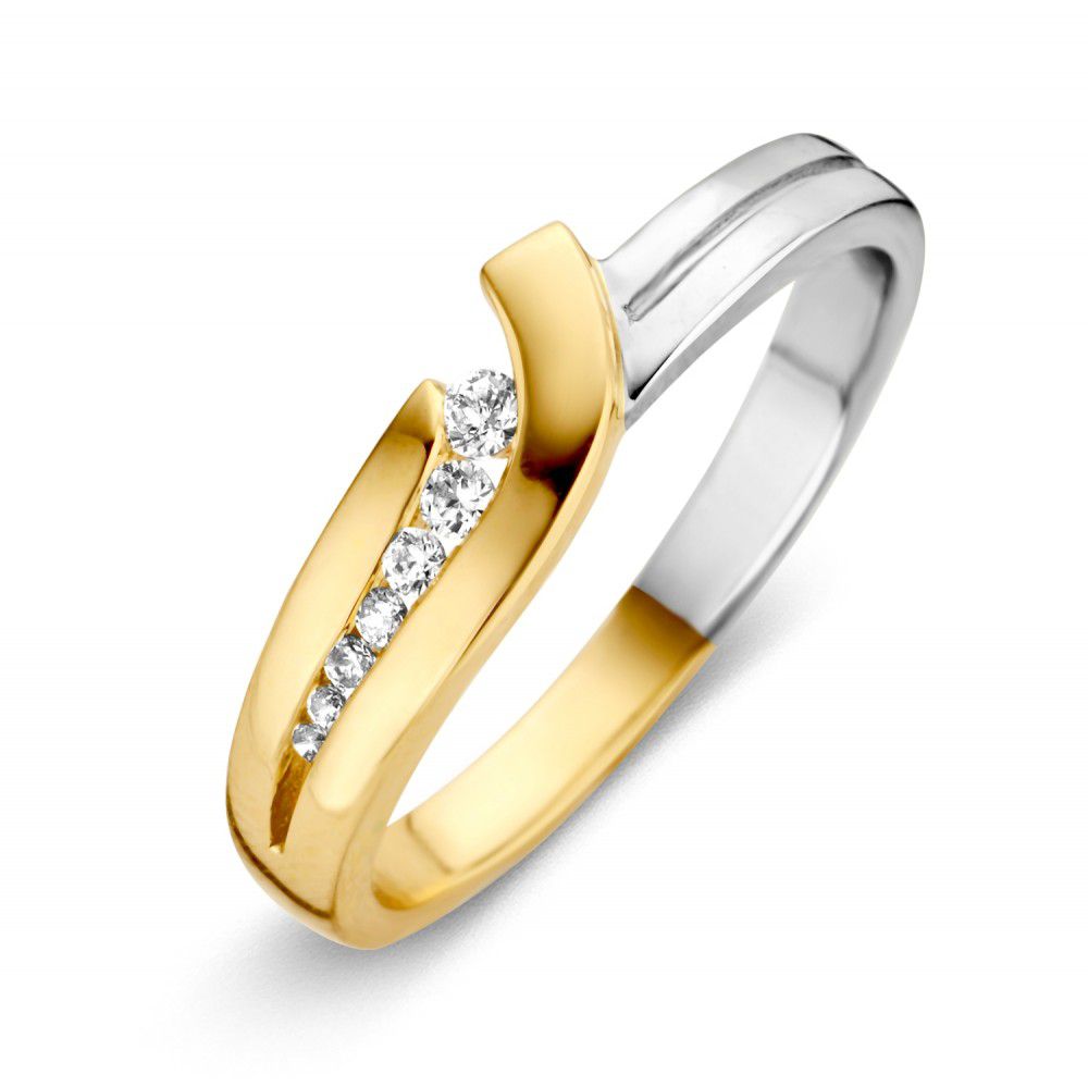 Bicolor gouden ring van 14 karaat met een glanzende gele en witte afwerking, versierd met zirkonia steentjes.