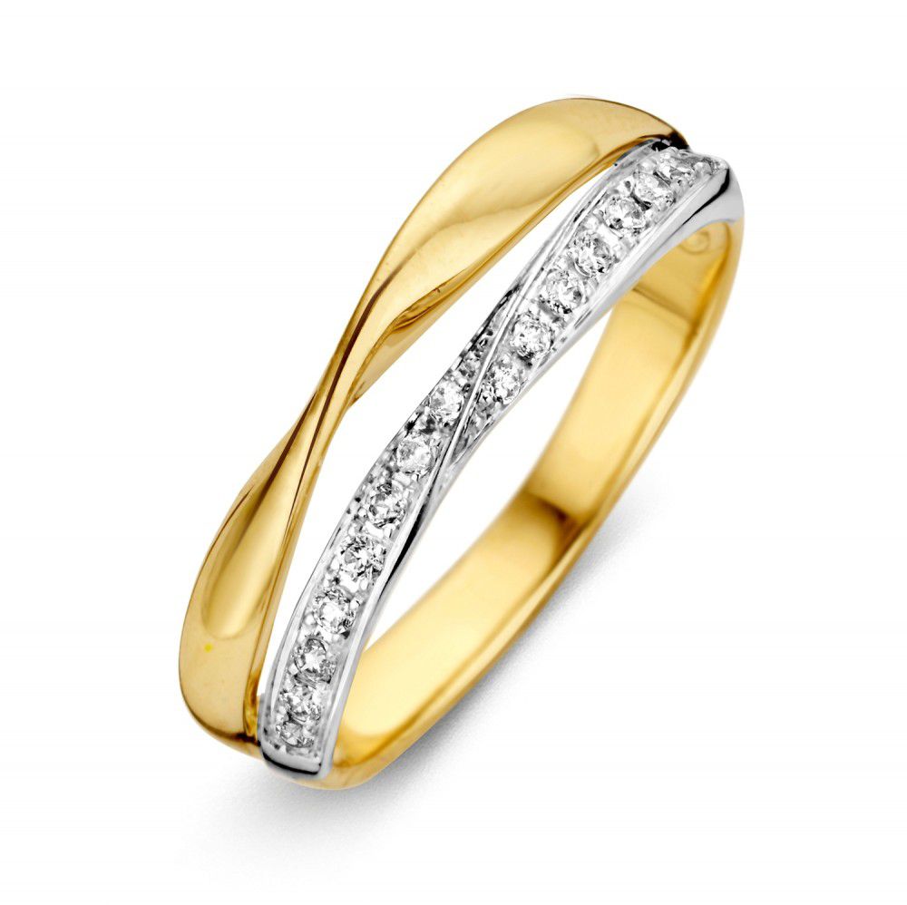 Geelwitte gouden ring met een golvende vorm en een rij zirkonia-steentjes in het midden.