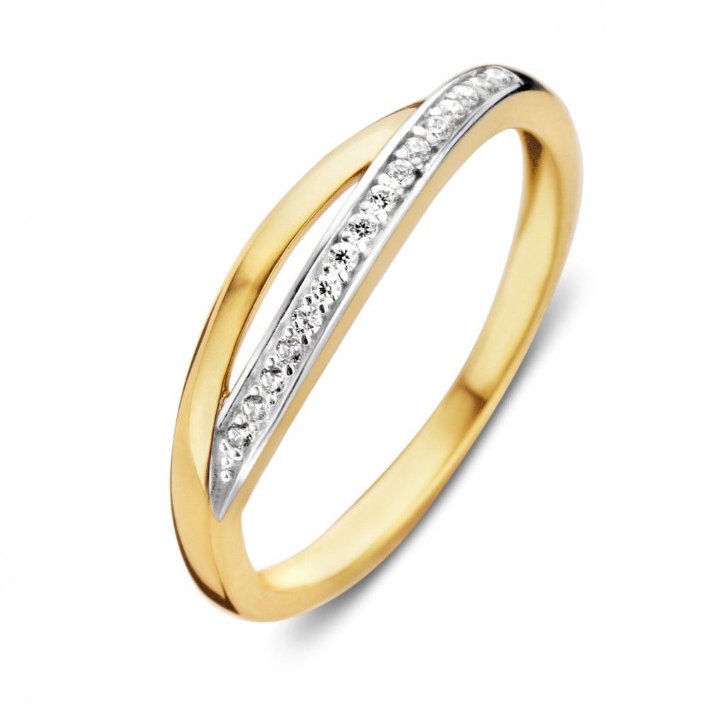 Bicolor gouden ring van 14 karaat met een glanzende afwerking en witte zirkonia in een rechte lijn.