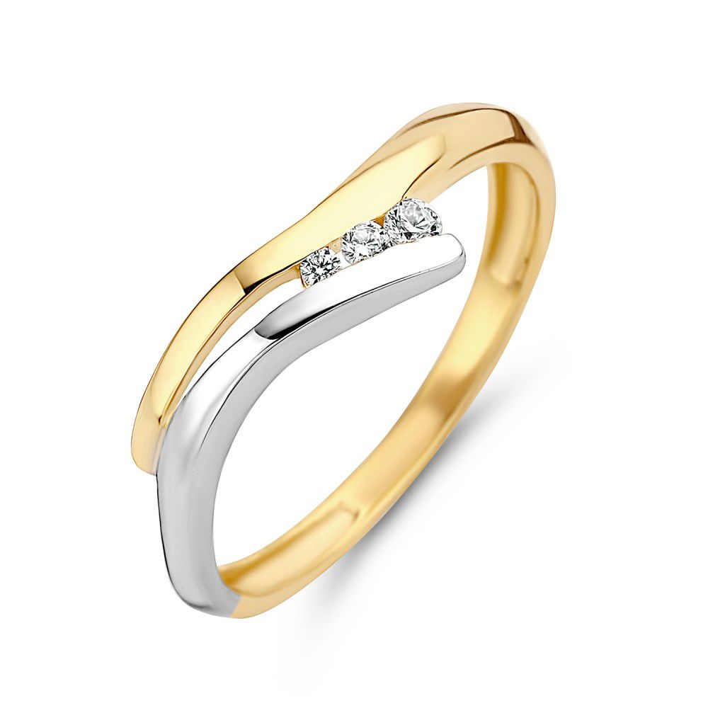 Bicolor gouden ring van 14 karaat met een glanzende afwerking en drie witte zirkonia's in het midden.