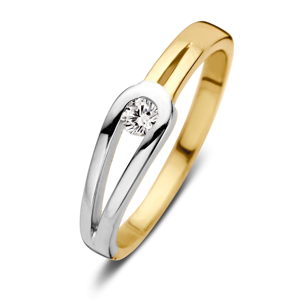 De Excellent Jewelry Bicolor Wit- en Geelgouden Ring met Zirkonia is gemaakt van 14 karaat goud, heeft een 5,3 mm gespleten zilveren band en toont een enkele ronde zirkonia in een modern, elegant ontwerp.