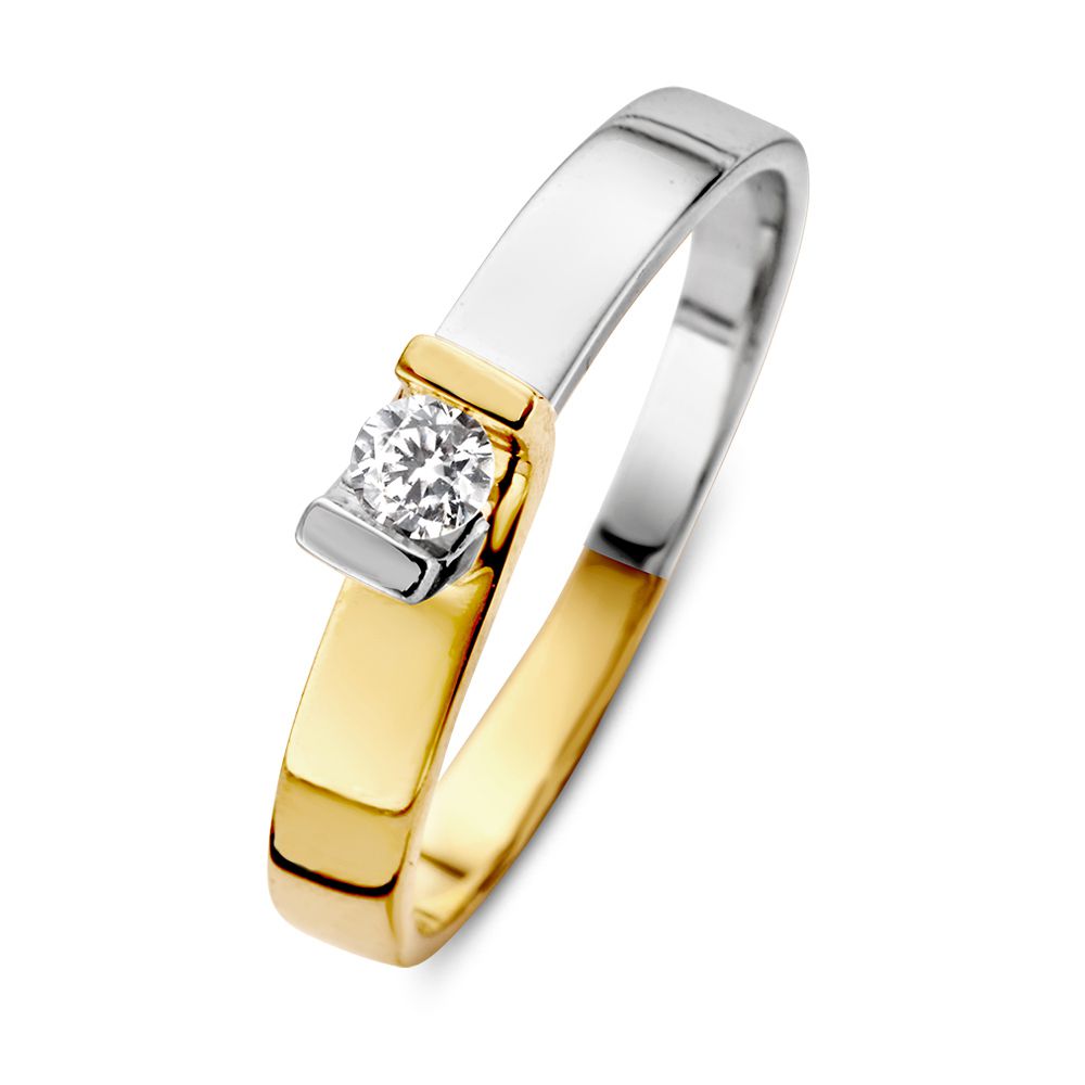 Bicolor 14kt geel- en witgouden damesring met een heldere zirkonia, strak en modern ontwerp.