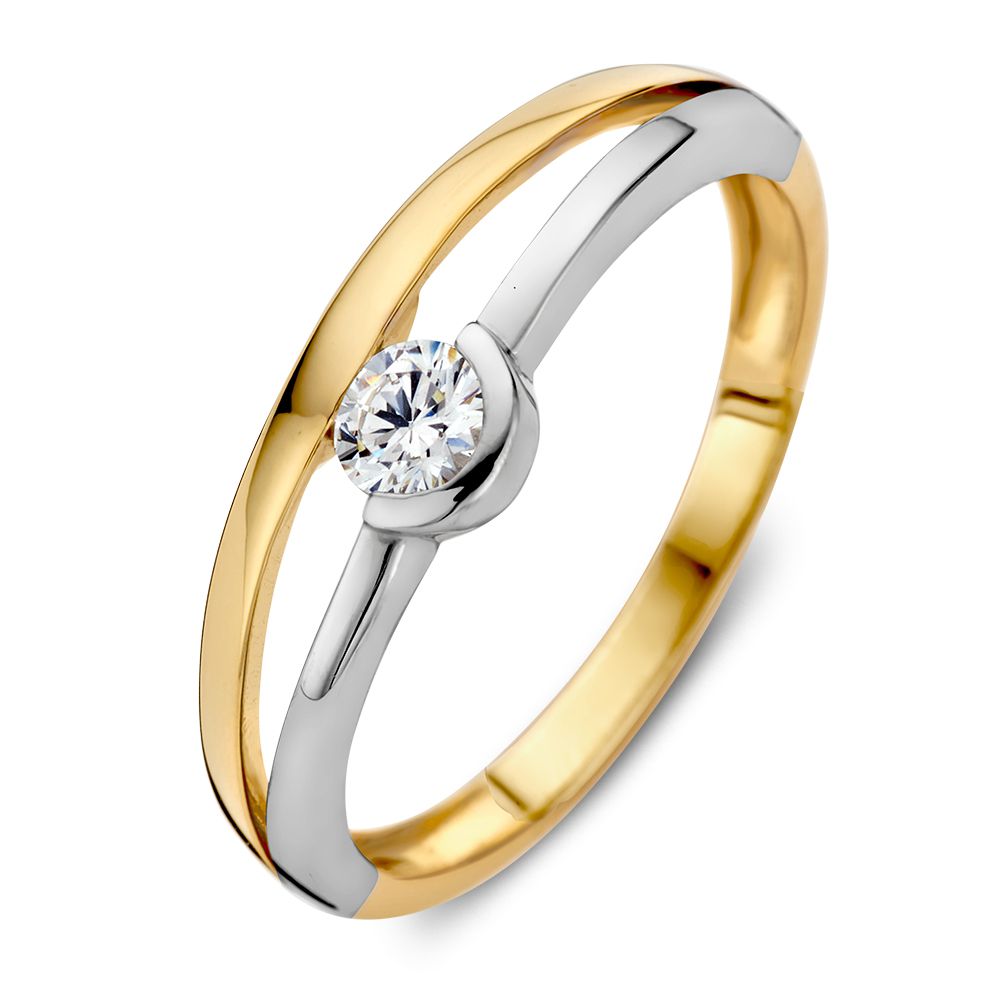 Bicolor damesring van geel- en witgoud met een stralende zirkonia, 6 mm breed.