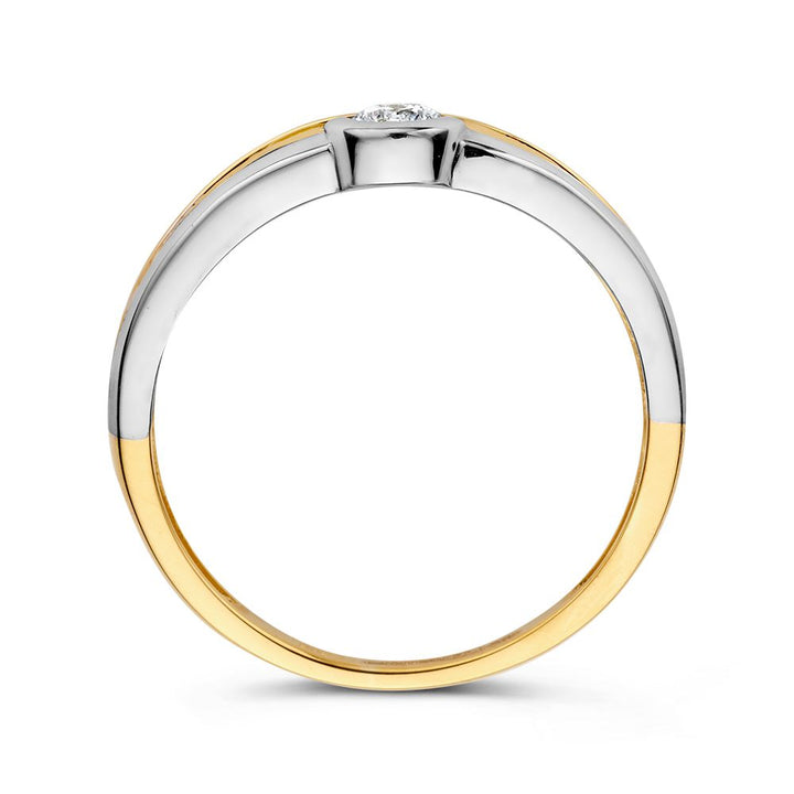 Bicolor Geel- en Witgouden Damesring met Stralende Zirkonia | 14 Karaat Goud | Elegante 6 mm Brede Ring | Moderne Luxe Sieraad