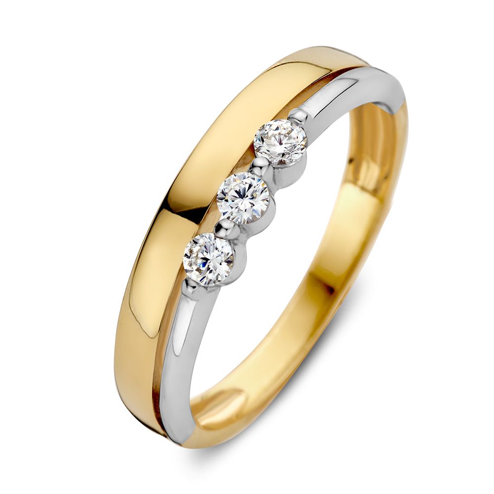 Bicolor ring met drie zirkonia's, uitgevoerd in goud en zilver.