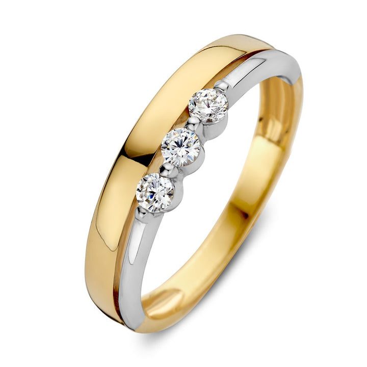 Bicolor 14 Karaat Geel- en Witgouden Ring met Drie Zirkonia’s | Elegante 5 mm Brede Damesring | Luxe Sieraad