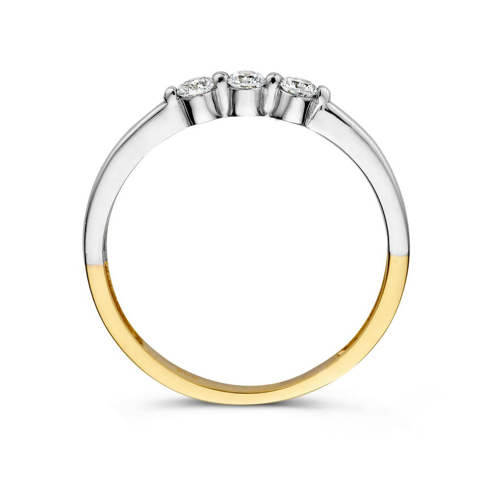 Bicolor 14 Karaat Geel- en Witgouden Ring met Drie Zirkonia’s | Elegante 5 mm Brede Damesring | Luxe Sieraad