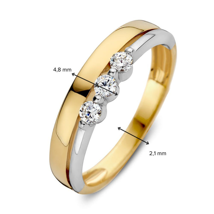 Bicolor 14 Karaat Geel- en Witgouden Ring met Drie Zirkonia’s | Elegante 5 mm Brede Damesring | Luxe Sieraad