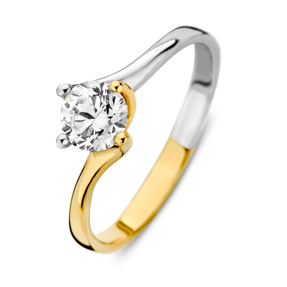Bicolor ring van wit- en geelgoud met een ronde zirkonia in een klassieke zetting.