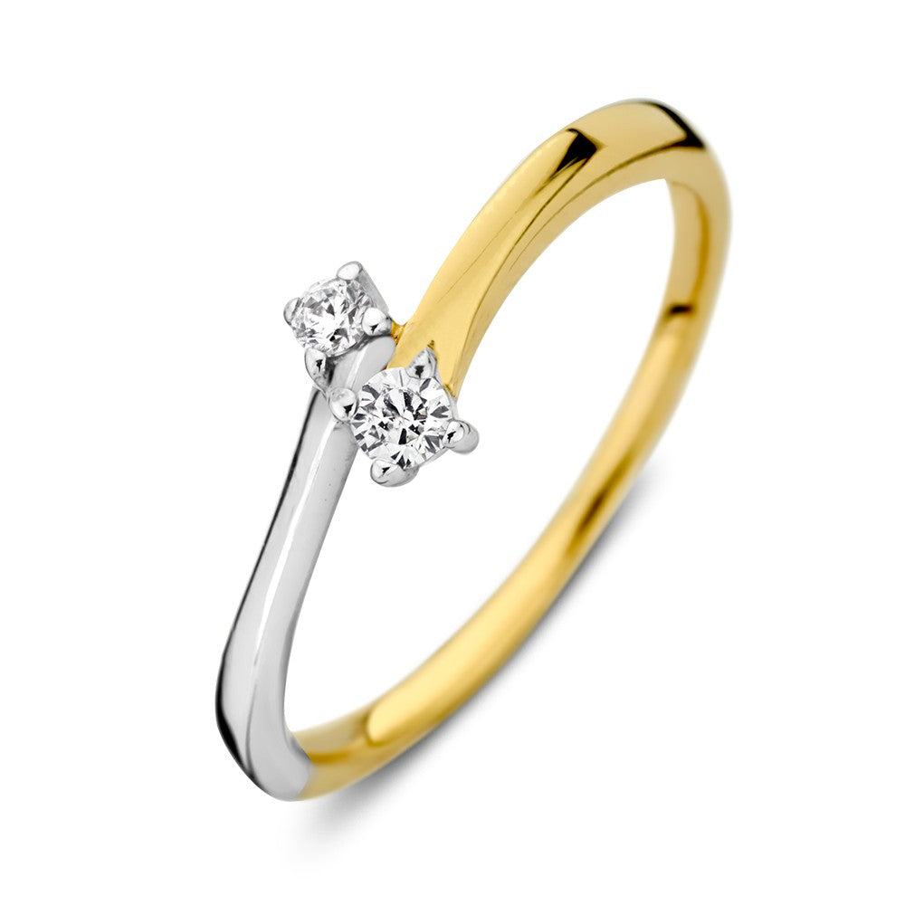 Bicolor slagring van 14K wit- en geelgoud met twee zirkonia's aan de bovenkant.