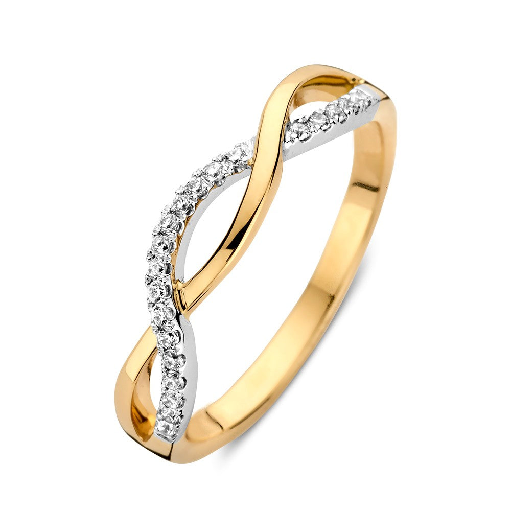 Bicolor ring van wit- en geelgoud met een gevlochten band en zirkonia's aan de bovenkant.