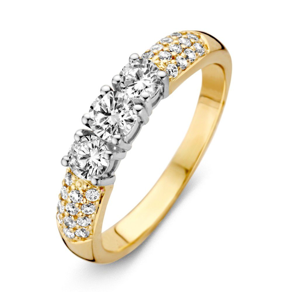 Bicolor gouden damesring van 14 karaat met drie witte zirkonia's en een glanzende afwerking.