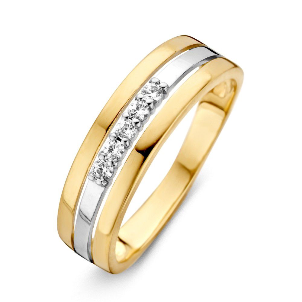 Geelwitte gouden ring met een gladde afwerking en vijf zirkonia's in een rechte lijn.